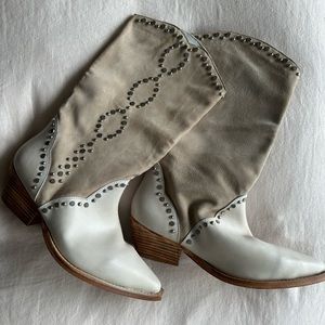 Free People White and Taupe Studded Western Heeled Boots